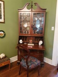 MAHOGANY DROP FRONT SECRETARY WITH GLASS TOP, VICTORIAN TAPESTRY CHAIR, COLLECTIBLES.