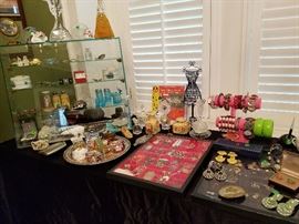 JEWELRY, PERFUME BOTTLES, DAISY AND BUTTON GLASSWARE, VICTORIAN WOMAN PINCUSHION, STERLING JEWELRY, POCKET WATCH, TRINKET BOXES, COSTUME JEWELRY. 