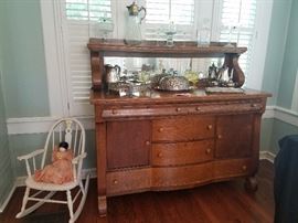 ANTIQUE OAK SIDEBOARD, SILVERPLATE, ELEGANT GLASSWARE, VICTORIAN DOLL.
