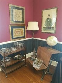 ANITQUE SCHOOL HOUSE DESK, VINTAGE GLOBE, ARTWORK, SILVERPLATE , CRYSTAL, BRASS FLOOR LAMP.