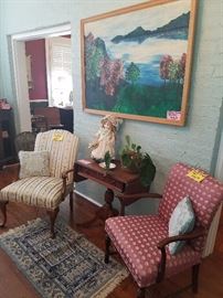ANTIQUE CHAIRS, PAINTING, SMALL ORIENTAL RUG, HARROD'S DOLL.