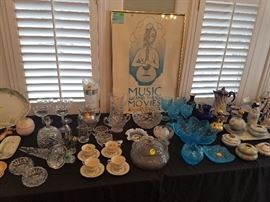 DAISY & BUTTON GLASSWARE, HANDPAINTED PORCELAIN DRESSER SET, HAIR RECIEVERS, CHOCOLATE SET, CUT GLASS CRYSTAL, STRAWBERRY GLASSWARE, 60'S/70'S MUSIC MOVIES POSTER.