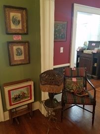HUNTING SCENE TRAYS, VICTORIAN THEATRE ETCHINGS, VICTORIAN WICKER FRINGE LAMP, VINTAGE CHAIR, WOODEN GAME BOARD.