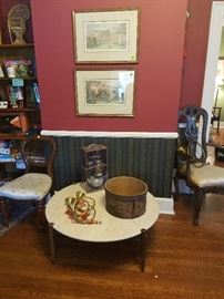 MID CENTURY MODERN PEG LEG 40" COFFEE TABLE WITH STONE TOP, GOLF PRINTS, ETC.