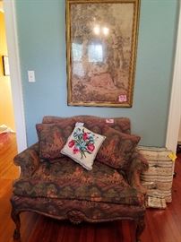 FRAMED TAPESTRY AND ORNATE TAPESTRY CHAIR
