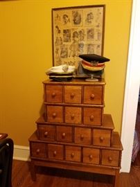 APOTHECARY STYLE OAK CABINET WITH DRAWERS, VINTAGE MEN'S  HATS.