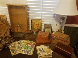 WOODEN CIGAR BOXES, DISPLAY CASE, LUCITE LAMPS, COMIC BOOKS, ANTIQUE PHOTO CARDS, ETC.