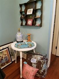 TOLE TRAY, GINGER JAR LAMP, COMFORTER SET, HAT STANDS, ANTIQUE SHELF, ETC.