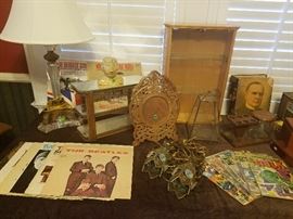 LUCITE PAIR OF LAMPS, BEATLES ALBUMS, COMICS,  DISPLAY SHELVES AND CABINET.