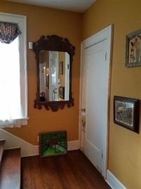 LARGE ANTIQUE MIRROR, NEEDLEPOINT PICTURES, ARTWORK.