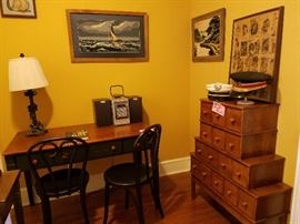 DESK, NEEDLEPOINT PICTURES, APOTHECARY STYLE CABINET,BENTWOOD CHAIRS, PORTABLE STEREO.