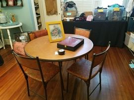 MID CENTURY MODERN ROUND ORANGE CARD TABLE AND CHAIRS, LEATHER FRINGE SKIRT, WHITE ROUND TABLE, CLOTHES, SHOES, SCARVES.