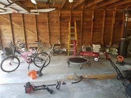LAWN EQUIPMENT, BICYCLES, RADIO FLYER WAGON, LADDERS, OUTDOOR HEATER,  MINI TRAMPOLINE, TOOLS, ETC.