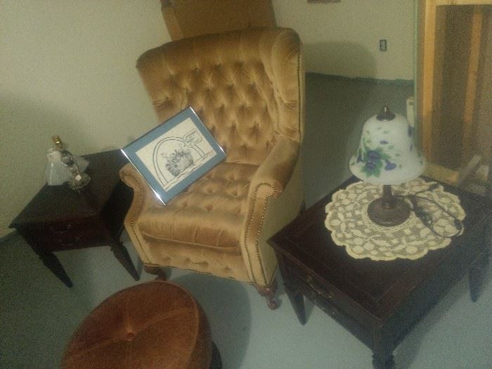 vintage chair plus two mahogany end tables