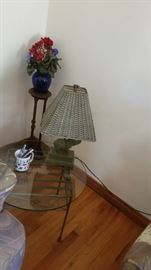 SMALL ROUND GLASS TO P TABLE AND AN ELEPHANT LAMP