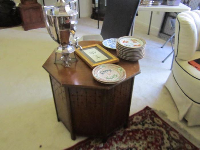 Octagon end table - silver plated coffee urn