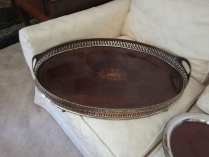 Wood inlay, silver plate oval tray