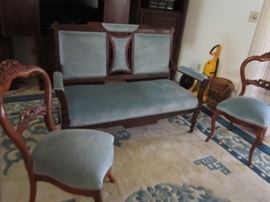Settee in excellent condition blue velvet fabric recently reupholstered