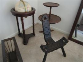 Glove in wood stand, pie crust tier table, birthing chair