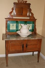 Antique Victorian  Washstand With marble Top and Tile Back Splash 
