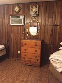 Dresser, Oval Mirror, Wall Clock, Assorted Linen
