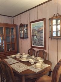 Atlas China Made in U.S.A. 22K Gold Edge, Cane Back Dining Table with Three Leaves~* Chairs, Curio Cabinets, C.M. Russell Print "Bell Mare", Hutch