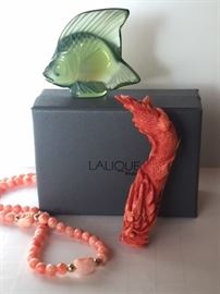 Lalique Fish - Rare Coral Carved Dragon Brooch