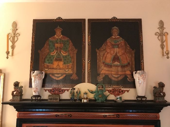Emporer and Empress painted portraits, cast iron foo dogs, porcelain vases
