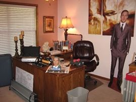 Obama bank, office supplies, nice oak desk with right return