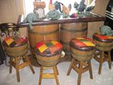 Whiskey barrel bar and stools