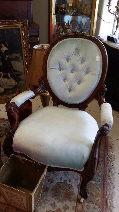 Rococo 1840's tufted ballon back parlor chair spa blue silk velvet