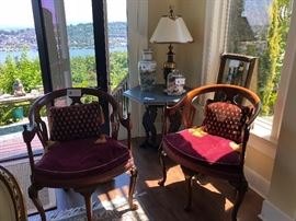 Victorian five legged chairs, granite topped table, lamp and accessories in the sale Table has an iron base with carved phoenix detailing. Table is 34"d x 29.5"h