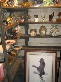 Eagle figurines and framed art
