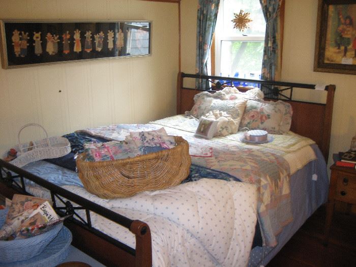 Queen size bed, linens, framed vintage paper dolls