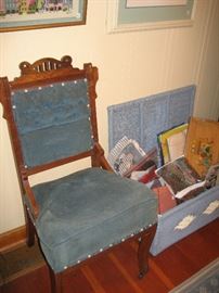 Victorian upholstered chair, blue wicker chest, remnants