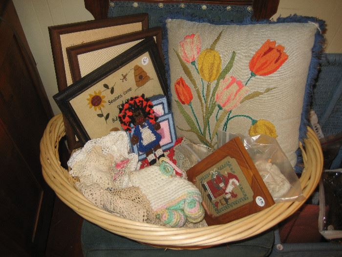 Embroidered pillow, framed needlework