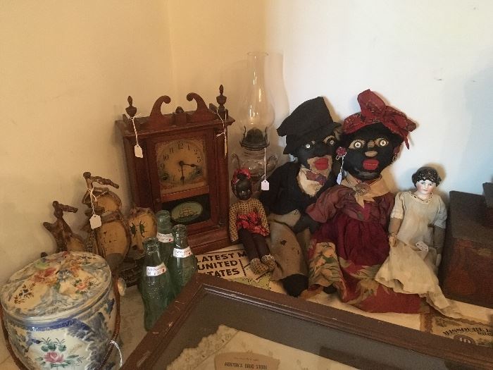 Antique Biscuit Jar, Cast Iron Ship, Fredericksburg,Va, Coca Cola Bottles, Antique Clock with Ship, Antique Oil Lantern,Antique Folk Art Black Americana Dolls, Antique Shoulder Head Doll.