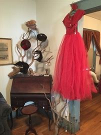 Antique Desk ,small table,Antique Ladies Hats,Chalkware Indian, 1950's Red Dress