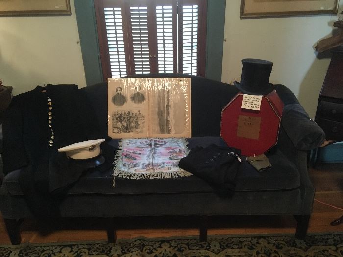 Vintage Blue Velvet Couch,Antique Beaver Top Hat & Hat Box, WW11 Silk Pillow Cover(Camp Pickett,Va.), Mens antique Jacket,Civil War Prints! Some Fredericksburg , Va.,also Petersburg,etc...