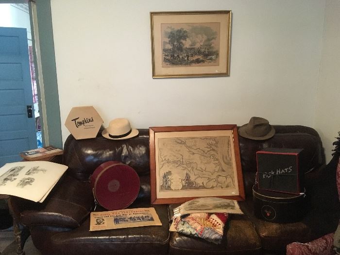 Men;s Antique/Vintage Hats & Hat Boxes,  Antique Crazy Quilt, Leather Couch,Civil War Prints! Some Fredericksburg , Va.,also Petersburg,etc...