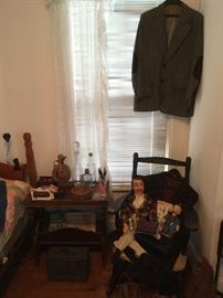 Men's Room. Antique & Vintage Men's Items, Antique Side Table & Rocking Chair. Charlie McCarthy Puppet/Doll ( Bed not for sale.)