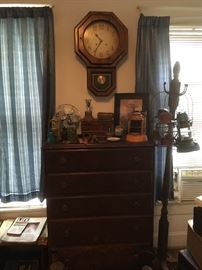 Vintage Dresser, Antique Hall Tree/ Coat Rack, Antique Lanterns, Wall Clock,Assorted Men's Items.
