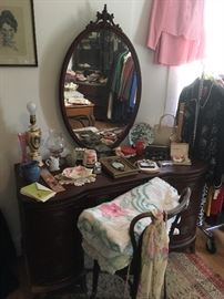 Antique Vanity with Mirror, Antique & Vintage Blankets & Ladies Items.