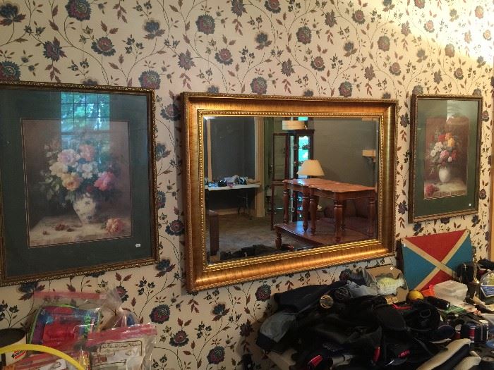 Huge mirror and set of floral prints