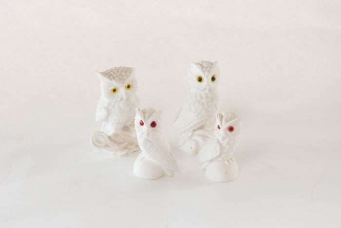 Set Of 4 White Ceramic Owls