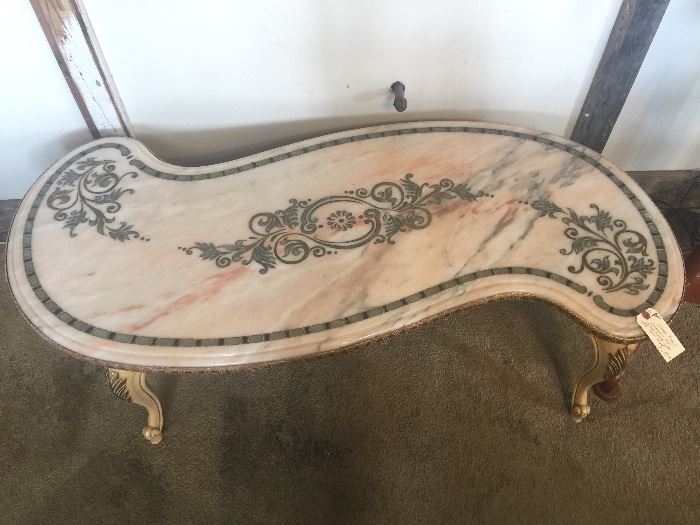 Brass Inlaid Marble Reverse Kidney Shaped Table