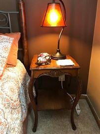  VINTAGE FRENCH STYLE NIGHT TABLE WITH UNIQUE DETAIL, (TABLE SOLD) SMALL TIFFANY TORTOISE LAMP AND  BRONZE TABLE LAMP WITH A TORTOISE SHELL SHADE 