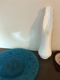 LARGE FENTON WHITE HOBNAIL, MILK GLASS, SWUNG VASE  AND LOVELY BLUE SERVING PLATE 