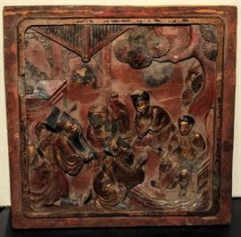 Antique Chinese gilt & polychrome wood high relief frieze 1850