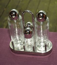 AKESSI ~ ETTORE SOTTASASS STAINLESS STEEL CRYSTALLLING  GLASS CONDIMENT SET 